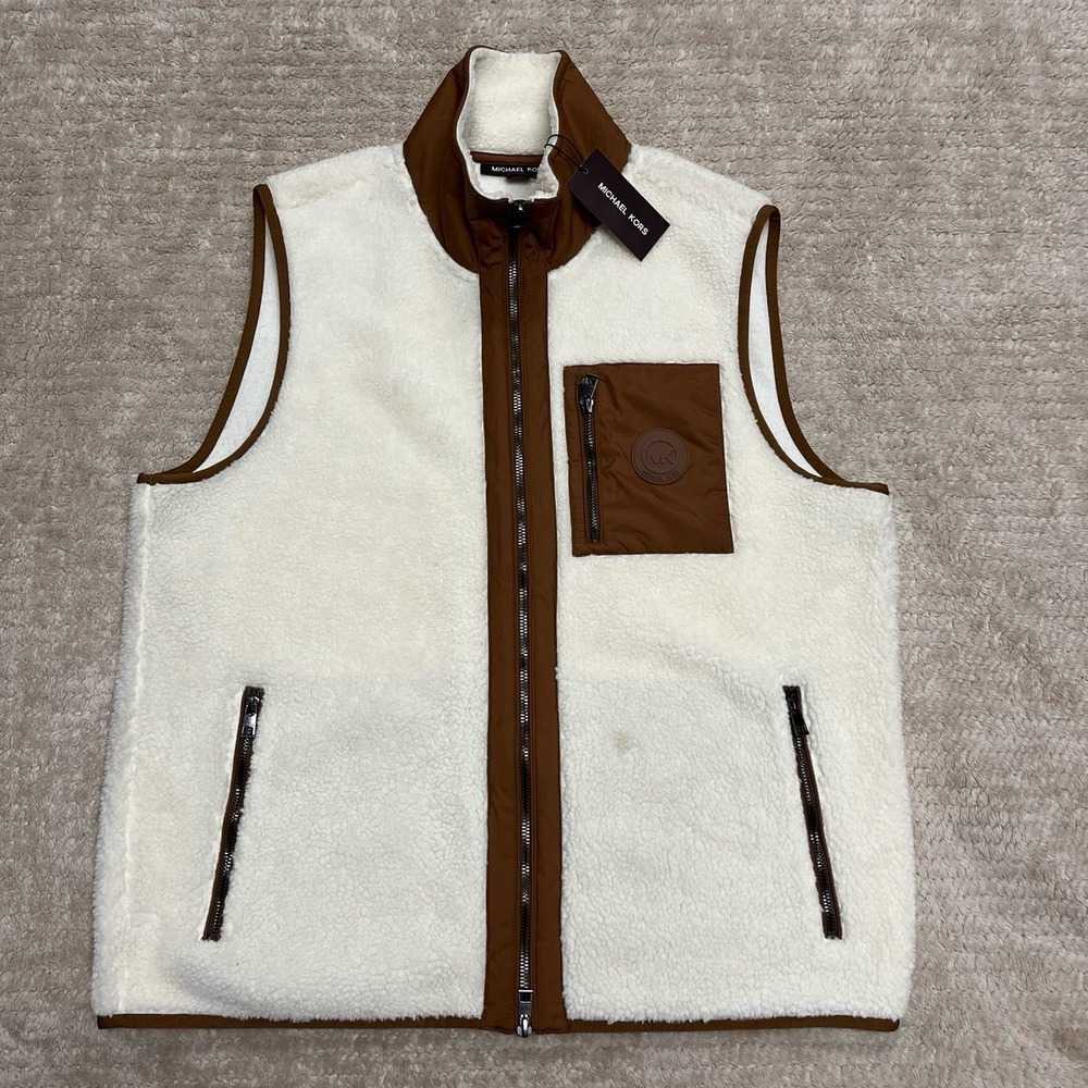 Michael Kors Men's Fleece Vest Bone Color with Brown Trim size large